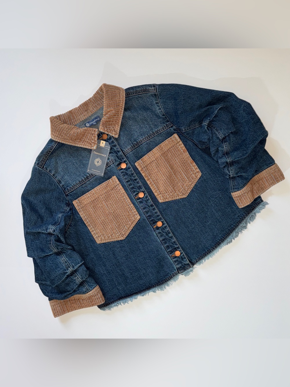 NWT Democracy Boxy Denim Jacket with Corduroy Collar and Ruched Sleeves